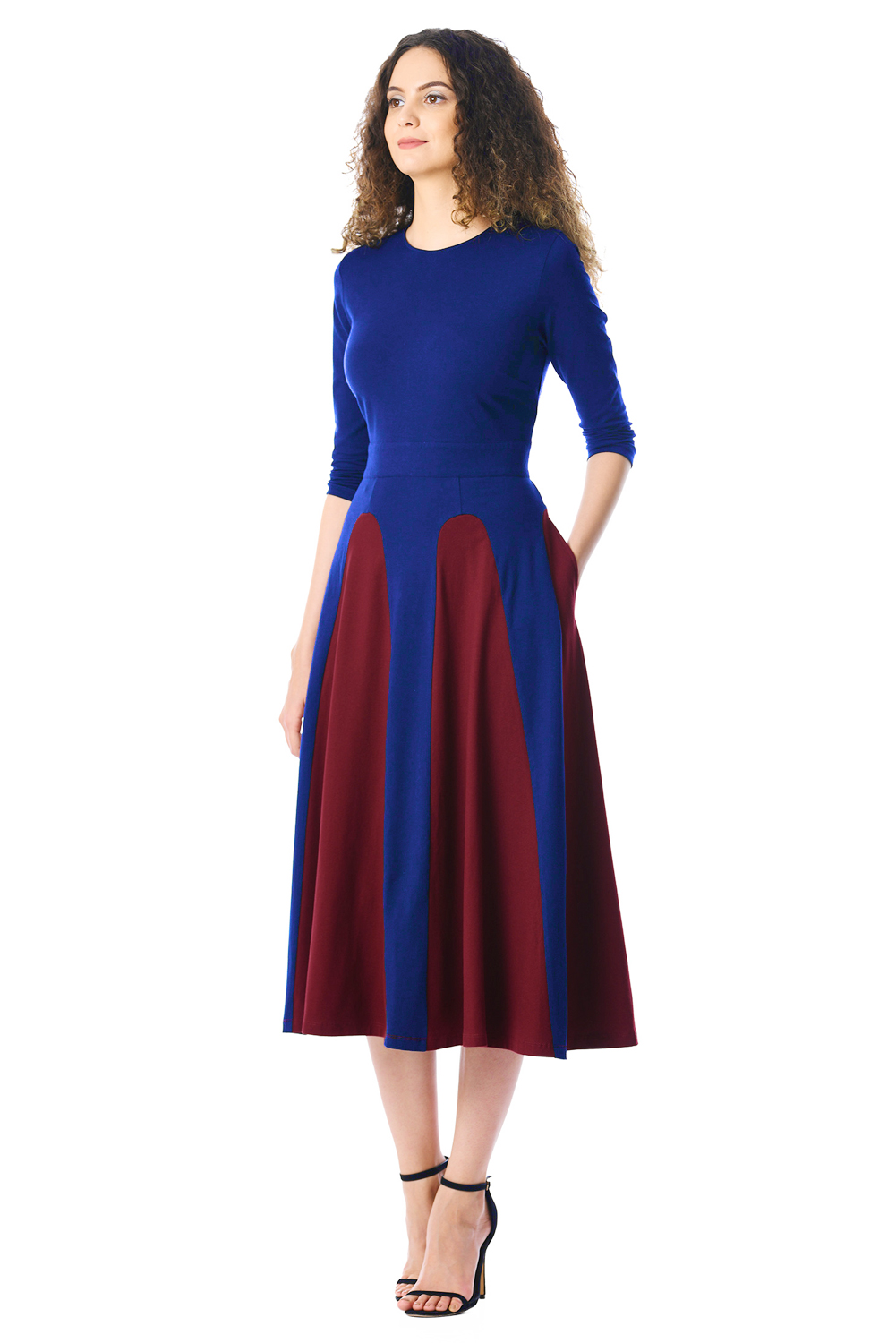 BY610383-3 Color Block  Sleeve Round Neck Midi Dress